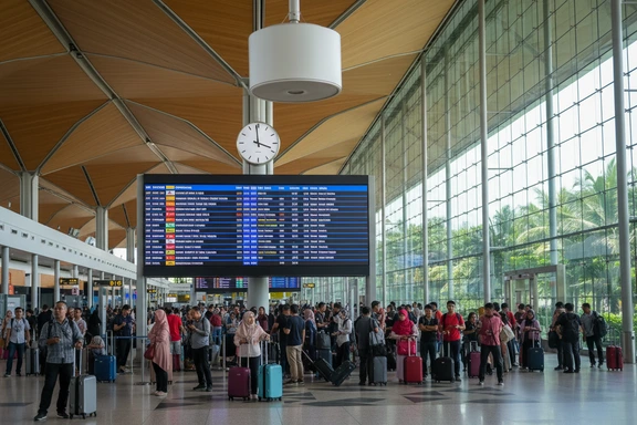 Area keberangkatan bandara Soekarno-Hatta dengan papan informasi dan speaker PA