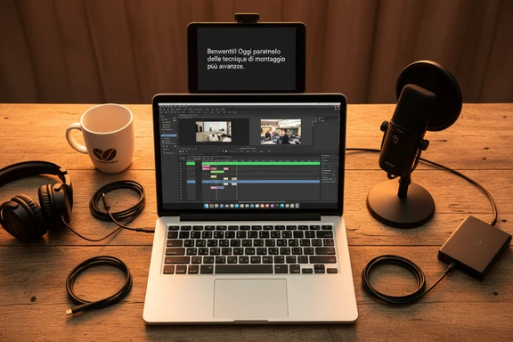 Home studio with video editing timeline and Italian voiceover waveform