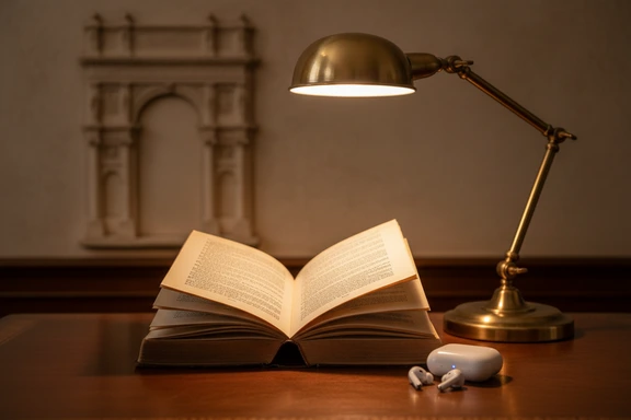 Open classic Italian book with earbuds and reading lamp on wooden desk