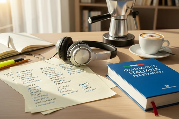 Student desk with Italian pronunciation notes, phonetic charts and headphones