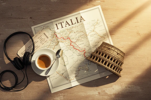 Travel audio guide scene with Italian landmarks, headset and map