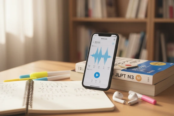 Study desk with hiragana charts, JLPT textbook and headphones