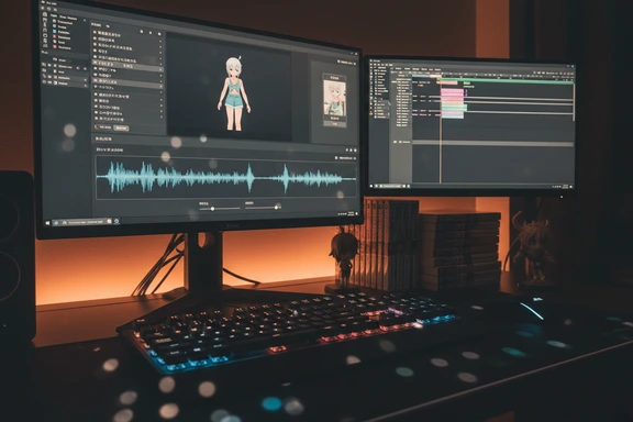 Dark gaming desk with anime character on screen, RGB keyboard and manga volumes