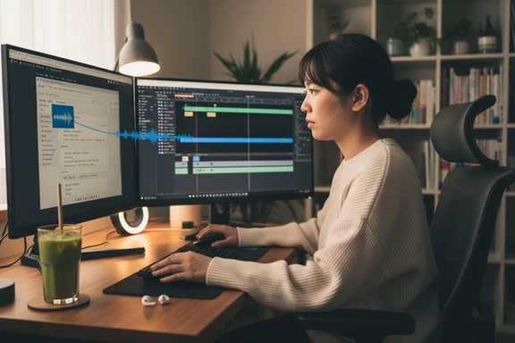 Home studio with video editing timeline and voiceover waveform