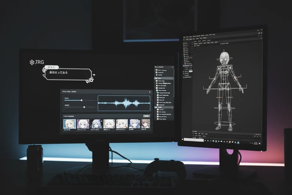 JRPG dialogue box on dual monitors with game controller and RGB lighting