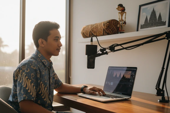 Young Javanese content creator recording a vlog in a home studio with Borobudur skyline visible through the window