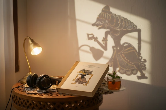 Open Javanese storybook with wayang kulit illustration and headphones on a carved teak table