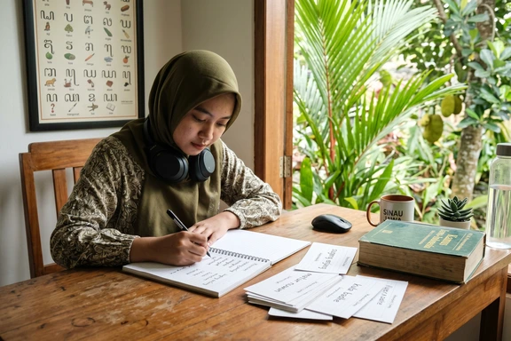 Javanese language student practicing pronunciation with handwritten notes and a traditional Hanacaraka script chart on the wall