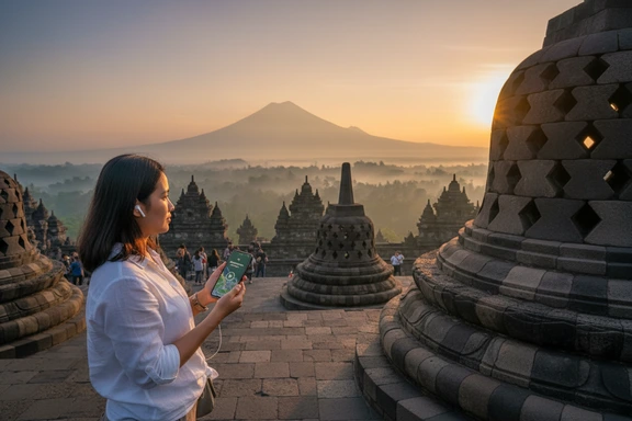 Tourist using a mobile audio guide app in front of Borobudur temple at sunrise