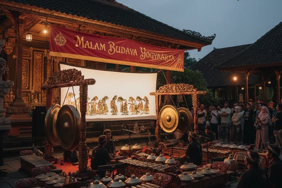 Panggung festival tradhisional dengan gamelan dan spanduk pagelaran wayang kulit