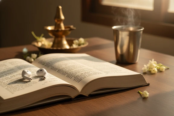 Open Kannada book with headphones on wooden desk