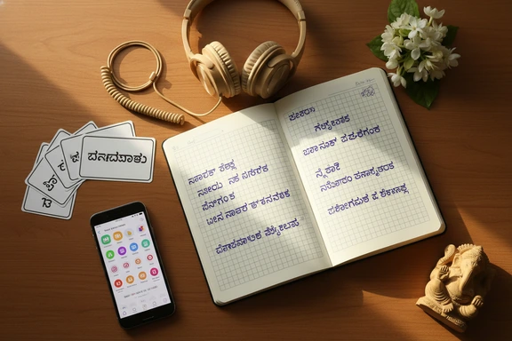 Study desk with Kannada script flashcards and headphones