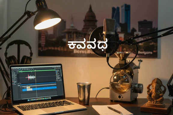 Home recording studio with microphone and Kannada script on monitor