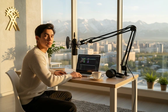 Kazak yapımcı ev stüdyosunda mikrofonla YouTube videosu için seslendirme kaydediyor