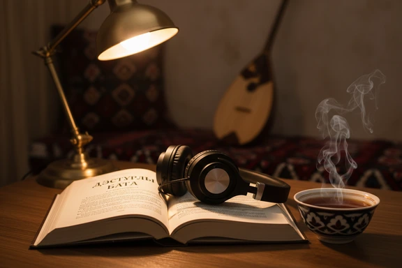 Açık Kazakça roman, ahşap masada kulaklık, arkada dombıra silüeti