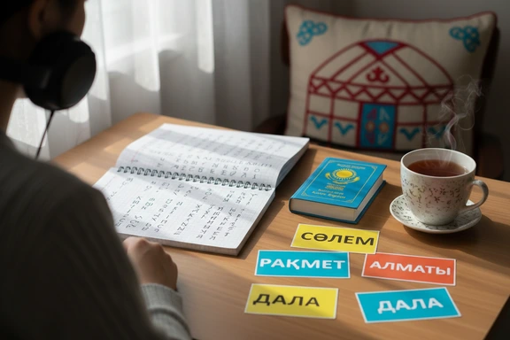 Öğrenci Kazakça telaffuz alıştırması yapıyor, kulaklık ve Kiril not defteri