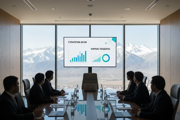 Business presentation on a large screen in a modern Almaty conference room with Tien Shan view