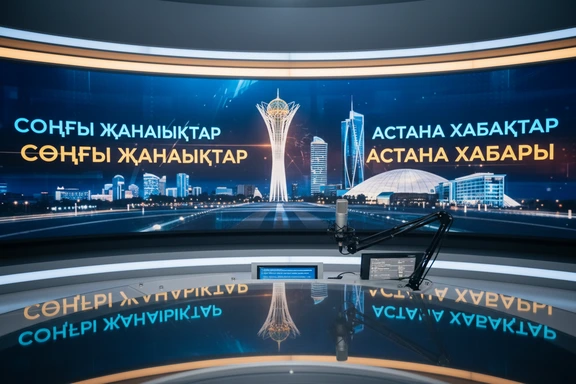 Заманауи жаңалықтар студиясы — микрофон, Астана панорамасы бар экран
