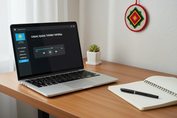 Жазу үстелінде онлайн курс интерфейсі, дәптер мен қалам