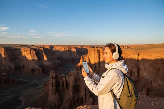Turist Çarın Kanyonu&rsquo;nda akıllı telefon ve kulaklıkla sesli rehber dinliyor