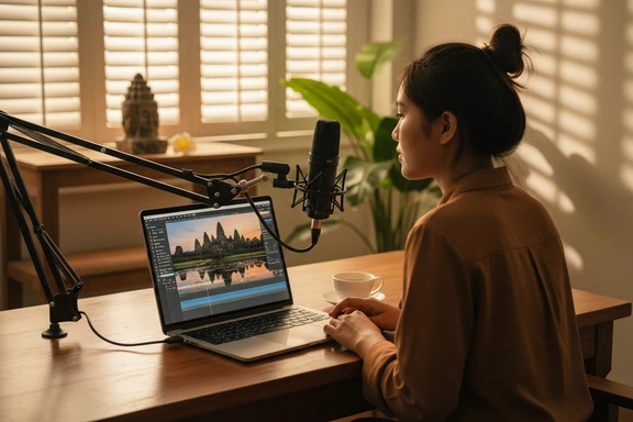 Travel content creator recording a voiceover with Angkor Wat footage on screen