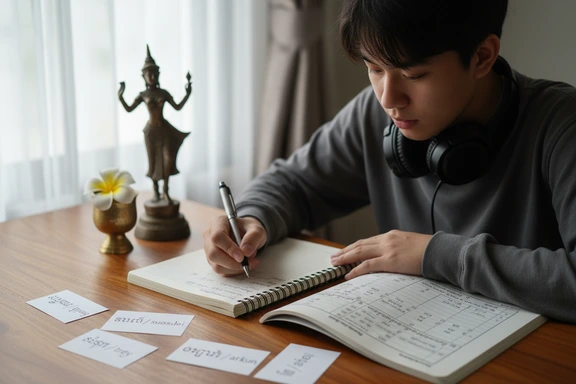 Language student practicing Khmer pronunciation with headphones and handwritten notes