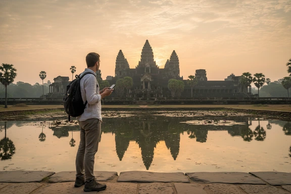 Visitor using a mobile audio guide in front of Angkor Wat temple at sunrise