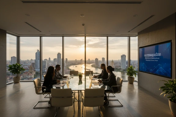 Business presenter in a modern Phnom Penh meeting room with a large screen