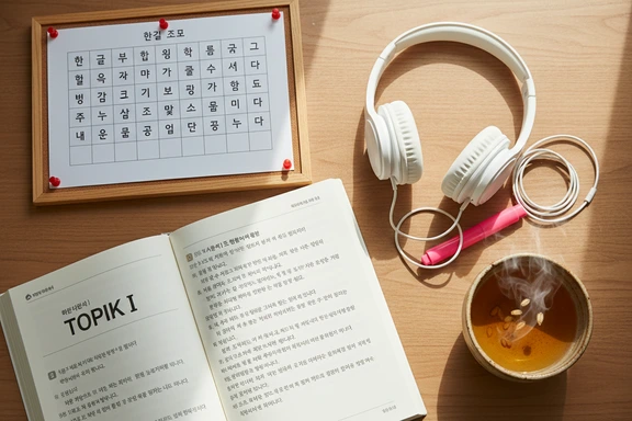 Bàn học tiếng Hàn với bảng Hangul, sách TOPIK và tai nghe