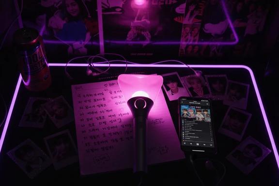 Bàn fan K-pop với lightstick, sổ lời bài hát và ánh neon