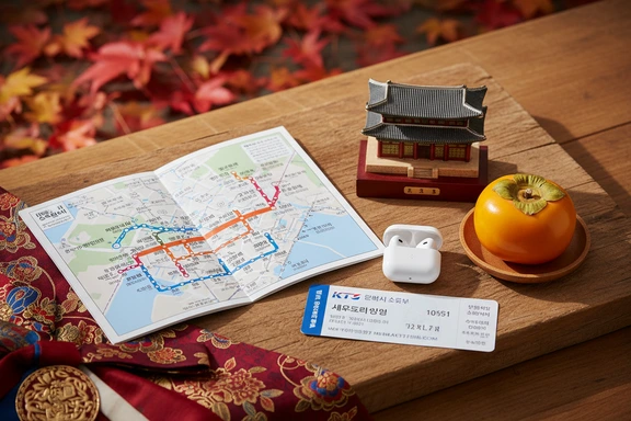 ソウル地図と宮殿フィギュア、イヤホンが並ぶ旅行フラットレイ