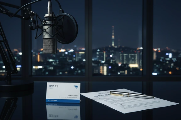 명함과 마이크, 서울 야경이 보이는 비즈니스 책상