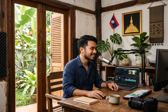Travel vlogger recording voiceover in a Luang Prabang home studio