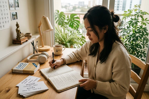 Language student practicing Lao pronunciation with headphones and handwritten notes