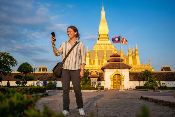Tourist listening to a mobile audio guide in front of Pha That Luang stupa in Vientiane