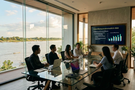Business presenter in a modern Vientiane meeting room with a large screen