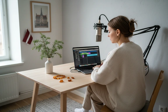 Young Latvian creator in a minimal Riga home studio recording a voiceover with a condenser microphone, amber jewelry and Art Nouveau details visible