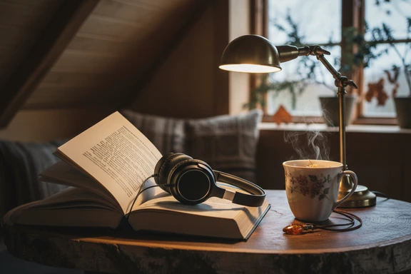 Open Latvian hardcover novel with headphones on a wooden table beside a steaming cup of herbal tea and an amber pendant in warm evening lamp light