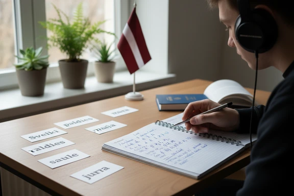 Language student practicing Latvian pronunciation with headphones and an open notebook of phonetic notes