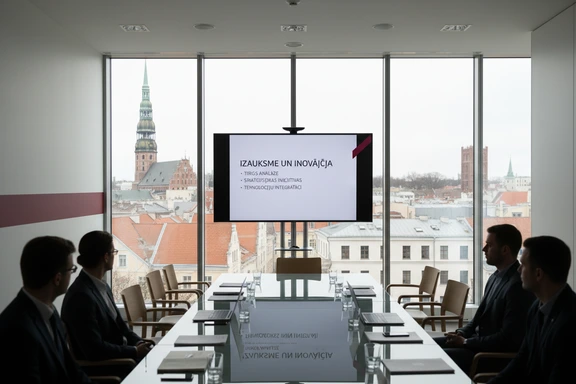 Modern Latvian corporate meeting room with a wall screen showing a clean business presentation in Latvian and minimalist Scandinavian furniture with Riga Old Town visible through the window