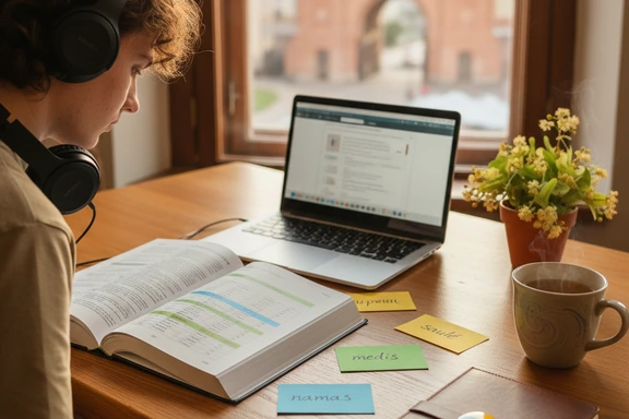 Student at a desk with a Lithuanian language textbook, flashcards showing the seven noun cases, headphones and a laptop, warm afternoon light