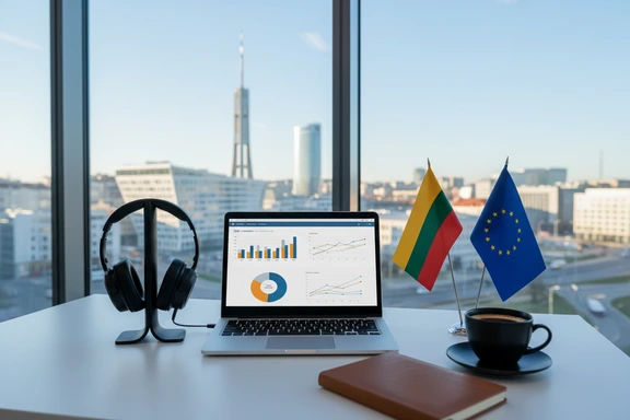 Modernus Vilniaus fintech biuras su nešiojamuoju kompiuteriu, rodančiu įmonės pristatymo skaidrę, ausinėmis ir užrašinėmis ant švaraus stalo