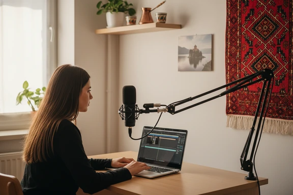 Young Macedonian content creator in a home studio with a view of Lake Ohrid