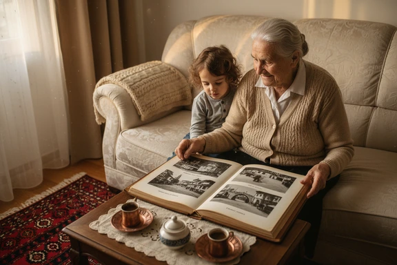 Macedonian grandmother and grandchild with an old family photo album