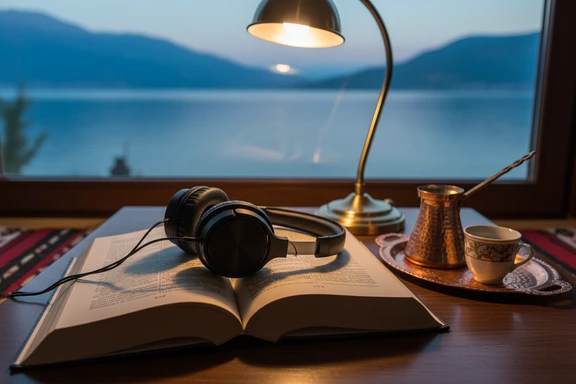 Open hardcover book in Macedonian Cyrillic with headphones and coffee