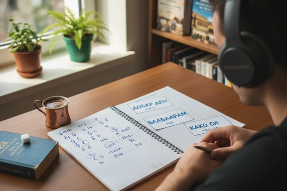 Language student practicing Macedonian at a desk with Cyrillic flashcards