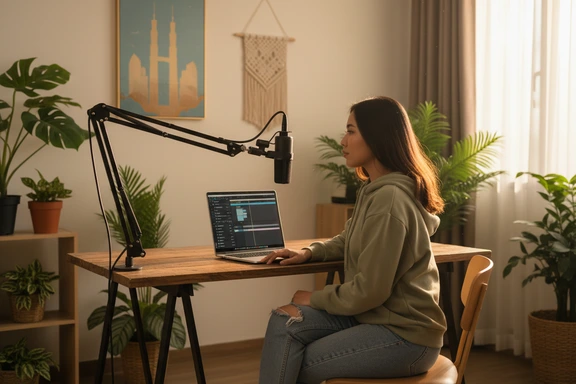 YouTube動画向けにマレー語のナレーションを録音するマレーシア人クリエイター