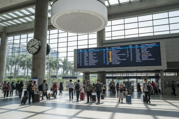 Ruang legar stesen KL Sentral dengan papan berlepas dan pembesar suara PA