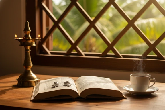 Open Malayalam book with headphones in Kerala home setting