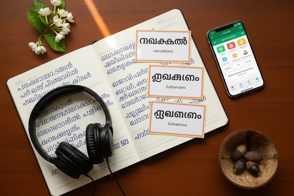 Study desk with Malayalam script flashcards and headphones
